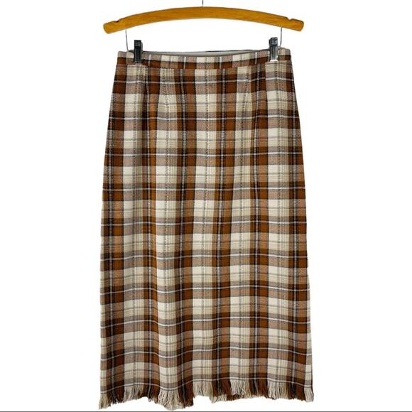 Vintage Dresses & Skirts - Vintage orange tan plaid preppy academia fringe midi skirt 12P